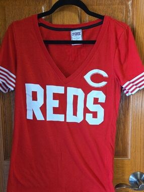 PINK Victoria's Secret Red V-Neck Tee with White Lettering